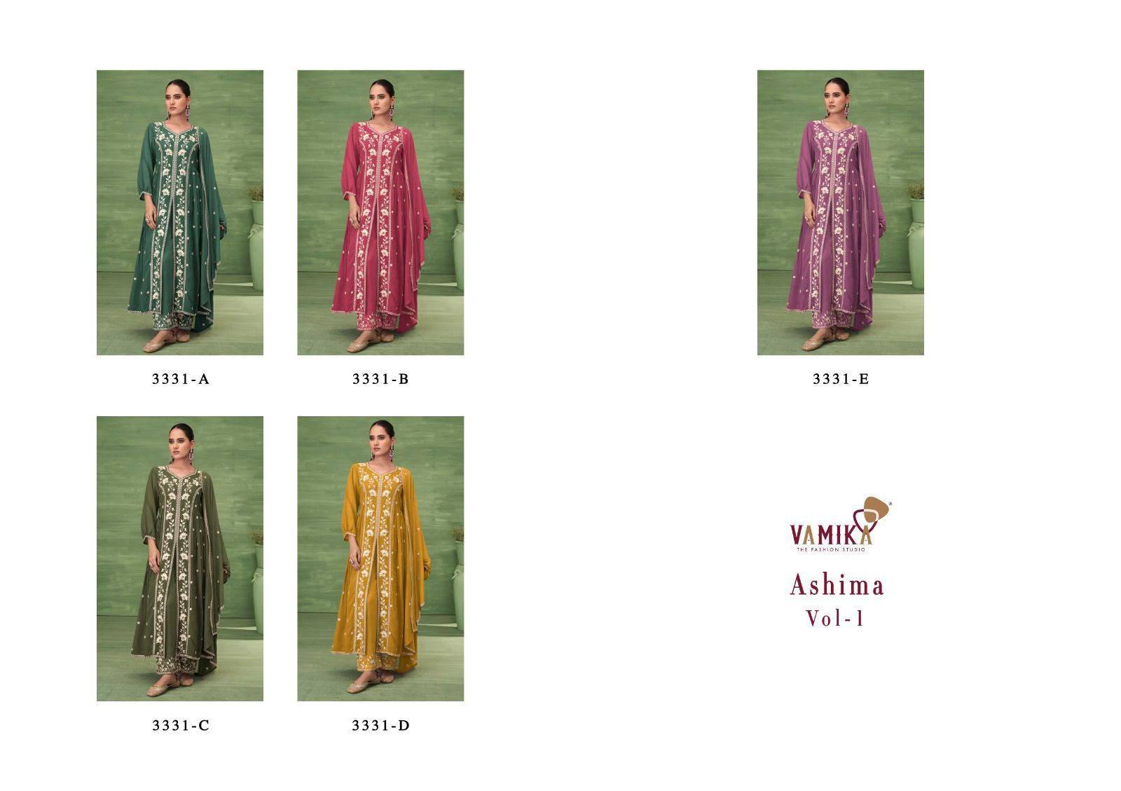 ASHIMA VOL-1 By Vamika 3331A To 3331E Series Beautiful Festive Suits Colorful Stylish Fancy Ethnic Wear Hevy Blooming Embroidery Dresses At Wholesale Price